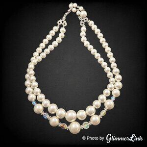 VTG Double Strand White Faux Pearl AB Aurora Borealis Bead Silver Tone Necklace